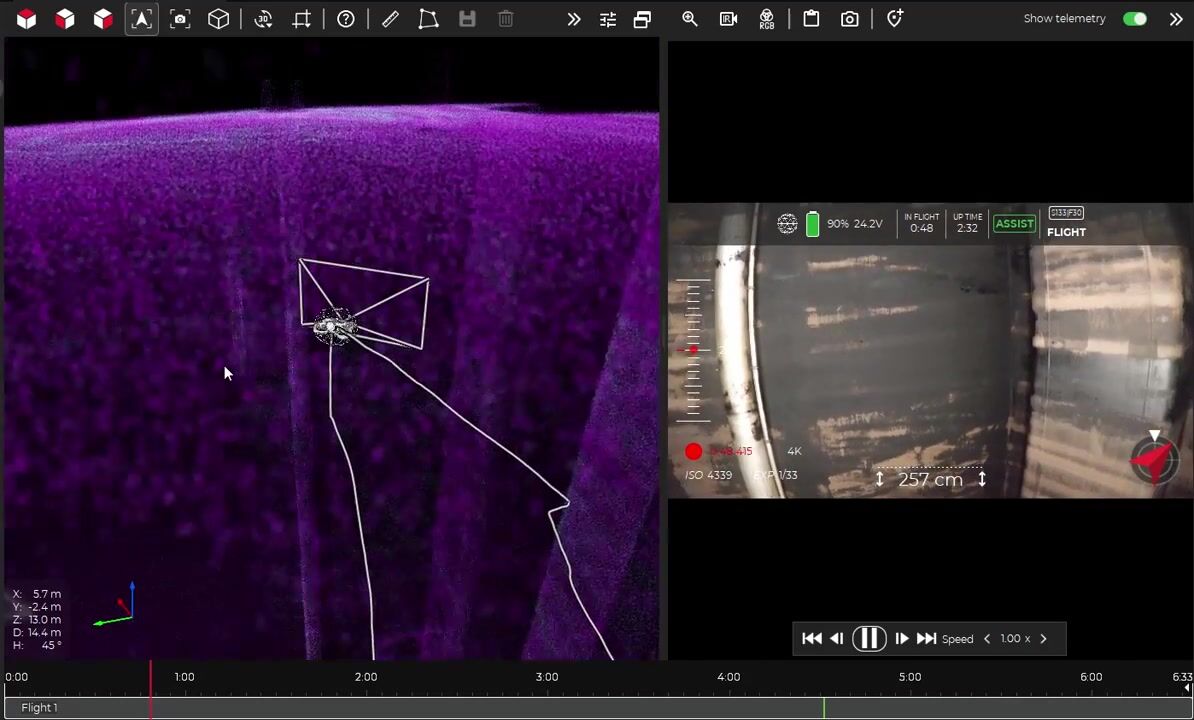 Drone-captured view inside a cargo tank during a close-range condition inspection